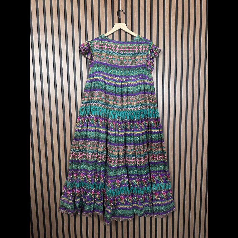 Vintage Erika Taylor Dress Medium Blue Midi Geometric Henley Ruffled Cap Sleeve - Picture 2 of 5